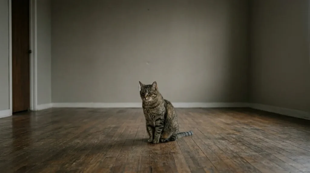cat friendly home mistakes — bored cat sitting alone in an unstimulating sparse apartment room 