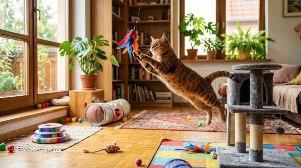 cat friendly home play zone — indoor cat batting at hanging toy in a bright apartment play area