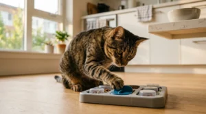 cat enrichment puzzle feeder — tabby cat pawing at a puzzle feeder on apartment kitchen floor