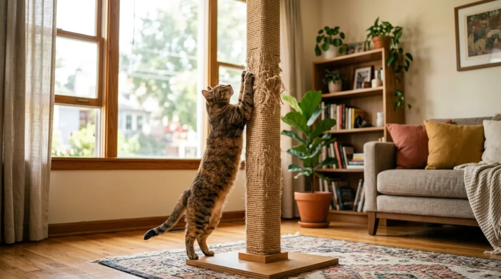cat friendly home scratching zone — tabby cat using a tall sisal scratching post in apartment living room