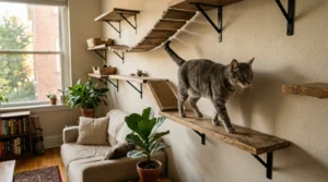 cat friendly home wall shelves — gray cat walking along wall-mounted cat shelves in a small apartment 