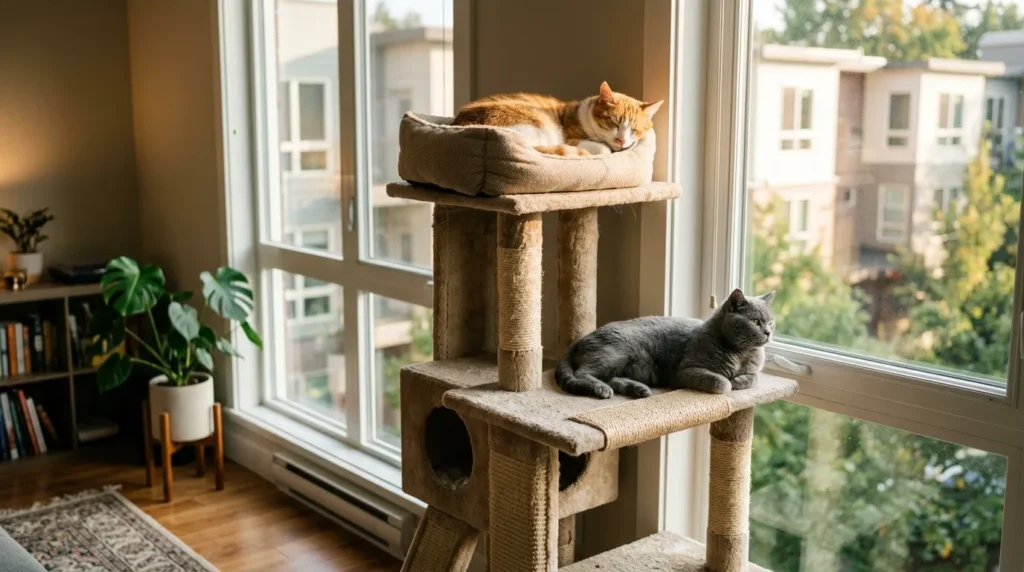 cat friendly home vertical space — two cats on different levels of a tall cat tree near apartment window