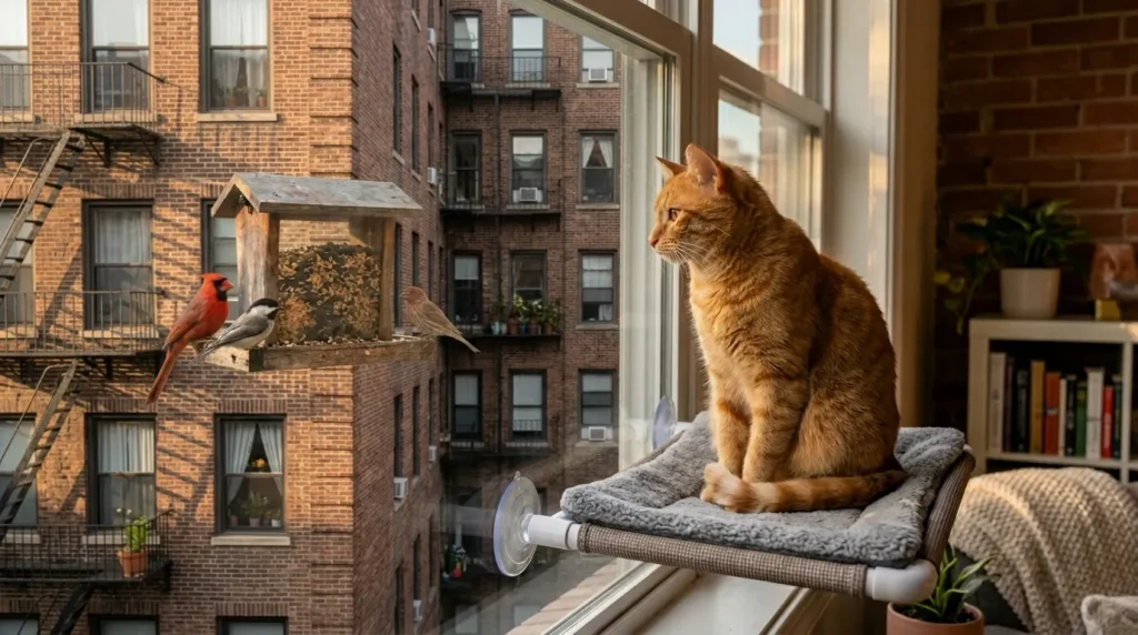 cat friendly home window perch — orange cat sitting on a cushioned window perch watching birds outside apartment window