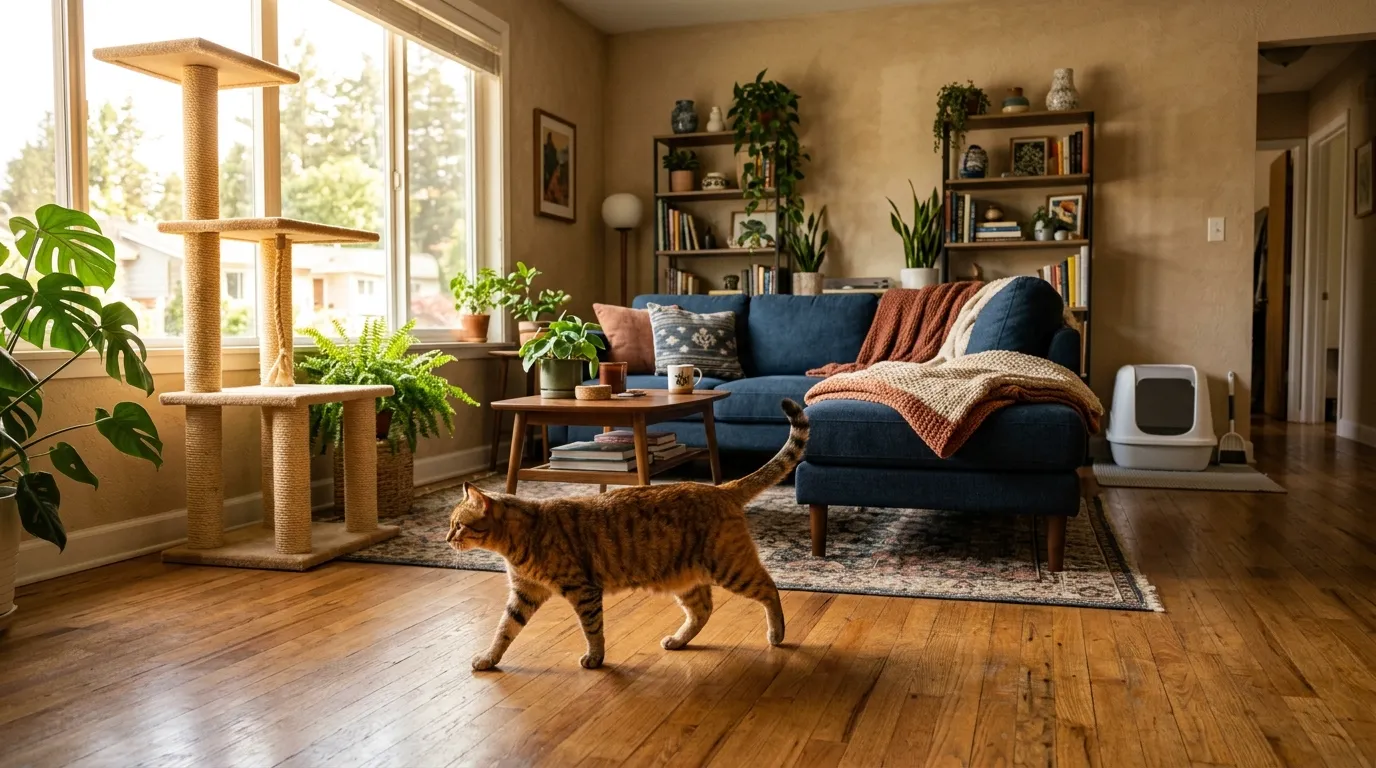 how to make home cat friendly — tabby cat exploring a cozy well-setup apartment with cat tree and window perch