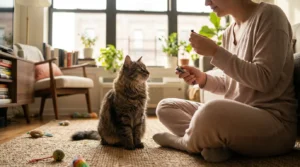 indoor cat enrichment window bird feeder — suction-cup bird feeder attached to apartment glass with birds visible and cat silhouette watching through the window inside