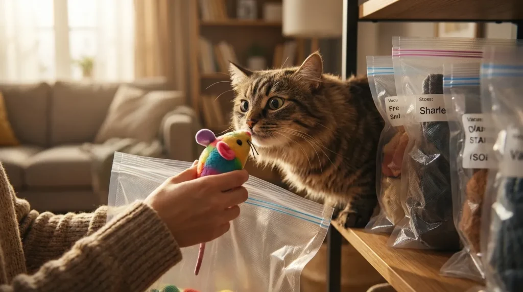 mental stimulation indoor cat clicker training — owner and cat in focused training session with cat sitting attentively making eye contact showing active problem-solving engagement