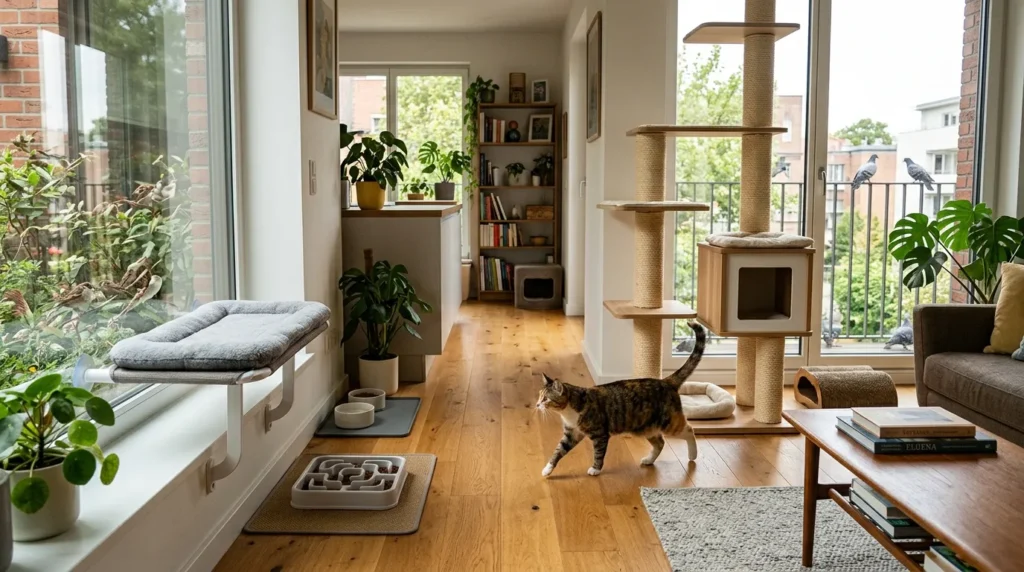 indoor cat mental stimulation daily structure — cat moving through a bright apartment between a cat tree, puzzle feeder and window perch showing a stimulating daily environment 
