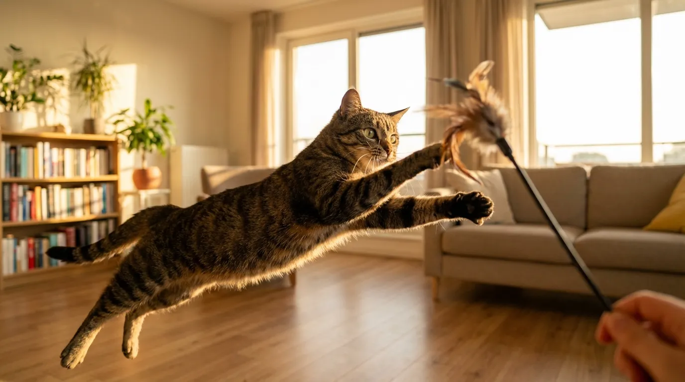 how to mentally stimulate indoor cat — tabby cat mid-leap in a bright apartment living room fully focused on catching a feather wand toy showing peak mental engagement
