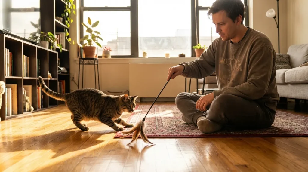 mental stimulation indoor cat interactive play — owner moving a wand toy in erratic low patterns while cat stalks and crouches showing the full predatory hunting sequence