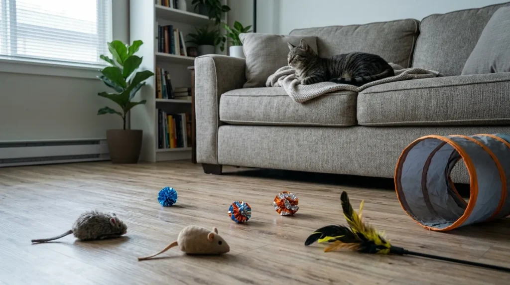 mental stimulation indoor cat mistake — floor covered in untouched passive toys while a bored cat lies nearby showing passive toy placement does not work 