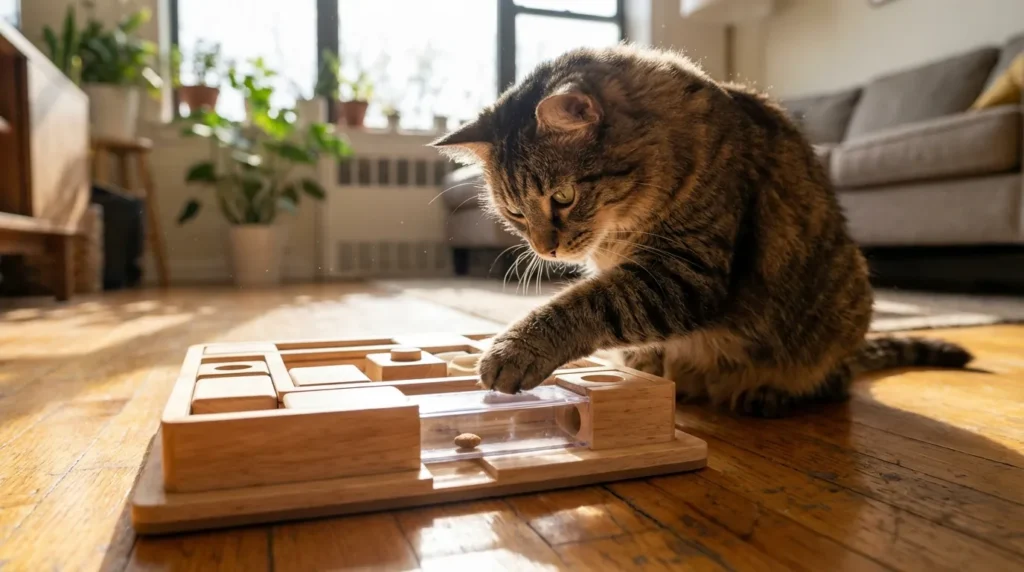 mental stimulation indoor cat puzzle feeder — cat working intently to extract kibble from a multi-compartment puzzle feeder with no food bowl in sight