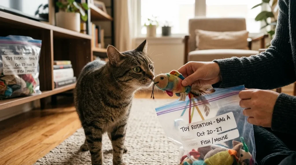 indoor cat mental stimulation toy rotation — cat investigating a reintroduced toy with genuine fresh curiosity showing renewed interest from rotation strategy