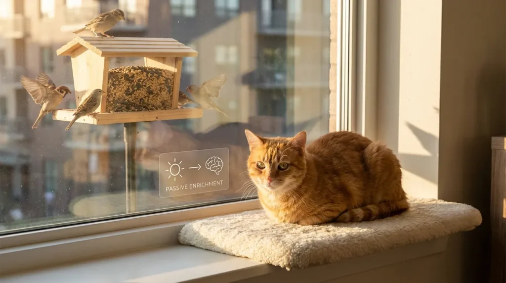 mental stimulation indoor cat vertical space — cat perched on the top platform of a tall cat tree surveying its entire apartment territory from an elevated secure position