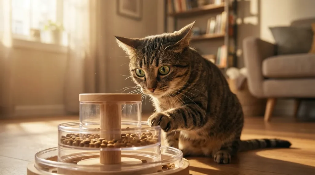 how to mentally stimulate indoor cat importance — cat with bright alert eyes and forward ears working at a puzzle feeder showing active cognitive engagement