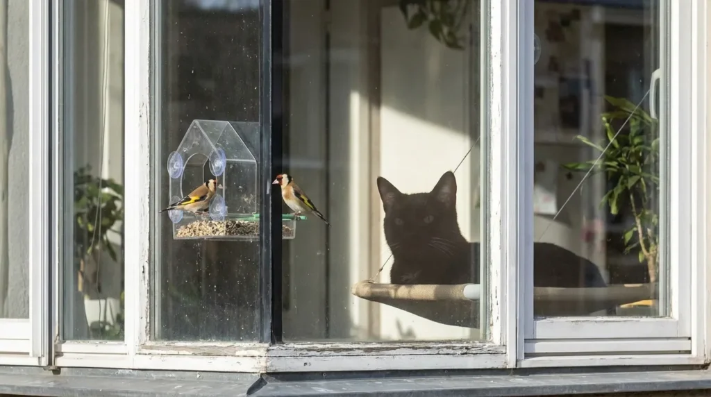indoor cat mental stimulation window enrichment — cat watching birds feeding at an outdoor bird feeder through apartment window from a padded perch