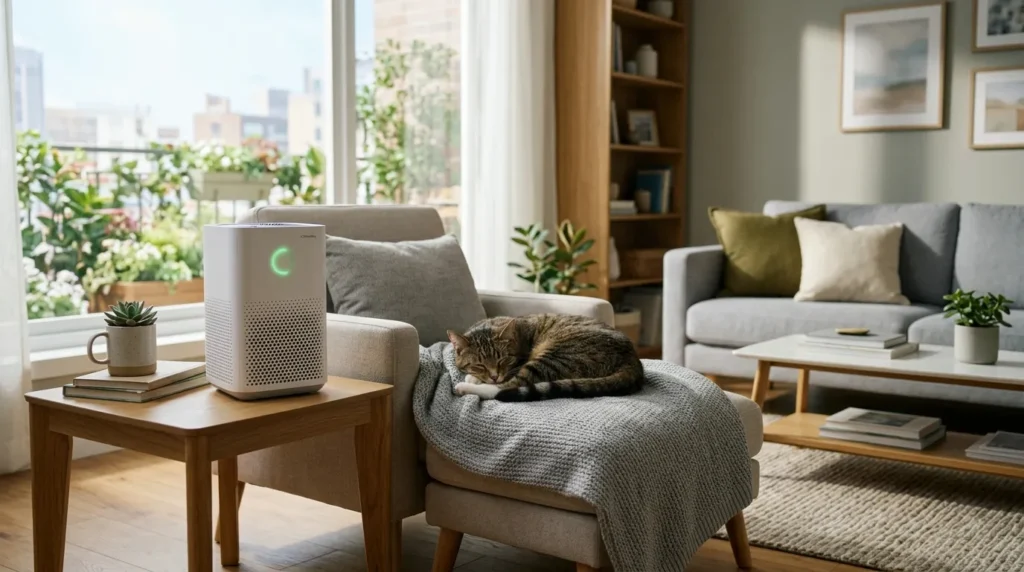 air purifier to reduce cat shedding in house — compact air purifier running near cat sleeping spot in apartment 