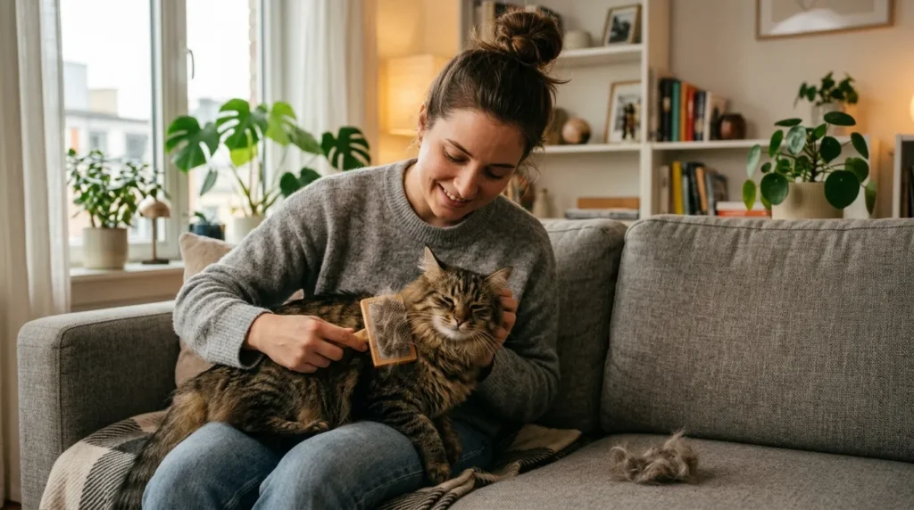 brushing to reduce cat shedding in house — owner using slicker brush on fluffy tabby with fur-covered bristles 