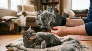 rubber grooming glove for shedding control — glove covered in collected cat fur after apartment grooming session