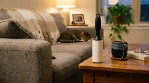 lint roller for cat shedding control — lint roller on apartment end table beside fur-covered couch cushion 