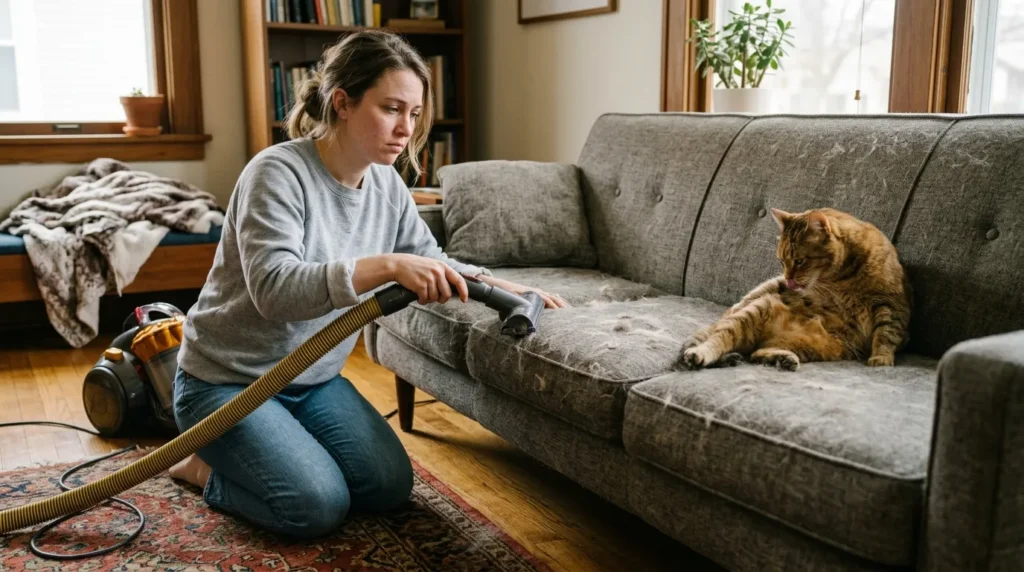 cat shedding management mistake — owner vacuuming couch again while cat sheds beside them in apartment