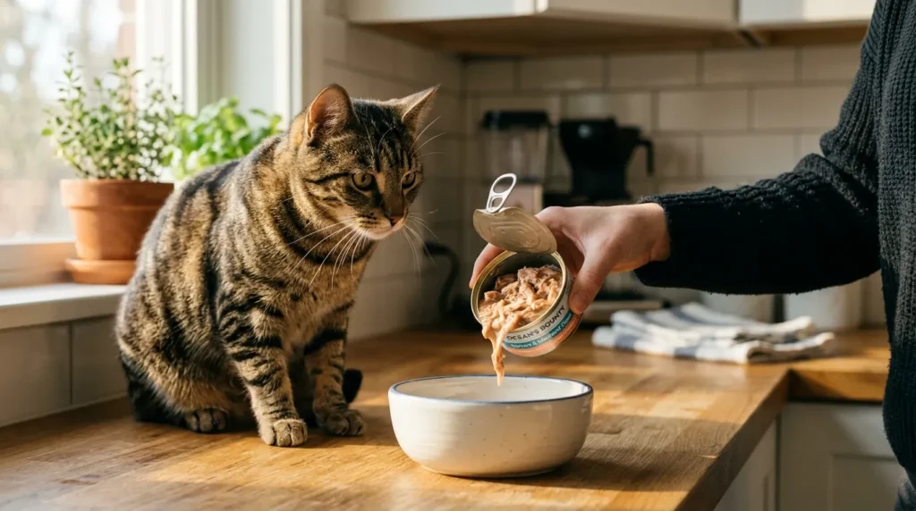  nutrition to reduce indoor cat shedding — owner serving fish wet food to cat with shiny healthy coat