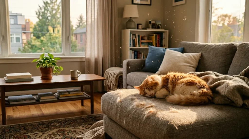 how to reduce cat shedding in house reality — cat fur visible on apartment couch cushion in afternoon sunlight 