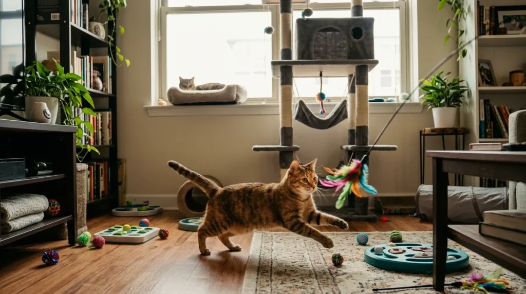 enrichment reduces cat shedding — active cat playing with feather wand in enriched apartment with cat trees