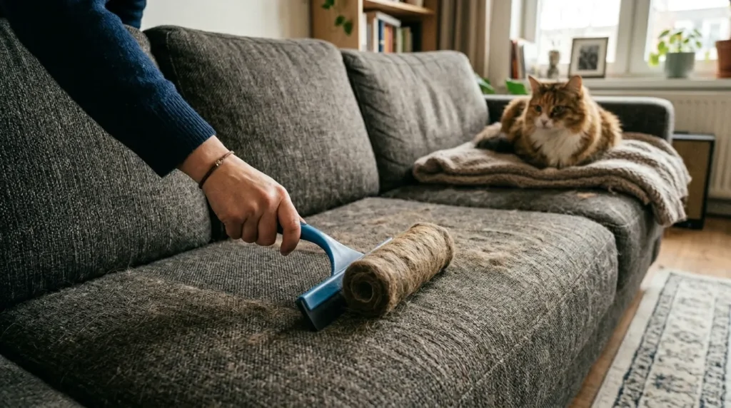 surface fur control tips — owner using rubber squeegee on couch to collect cat fur in apartment 