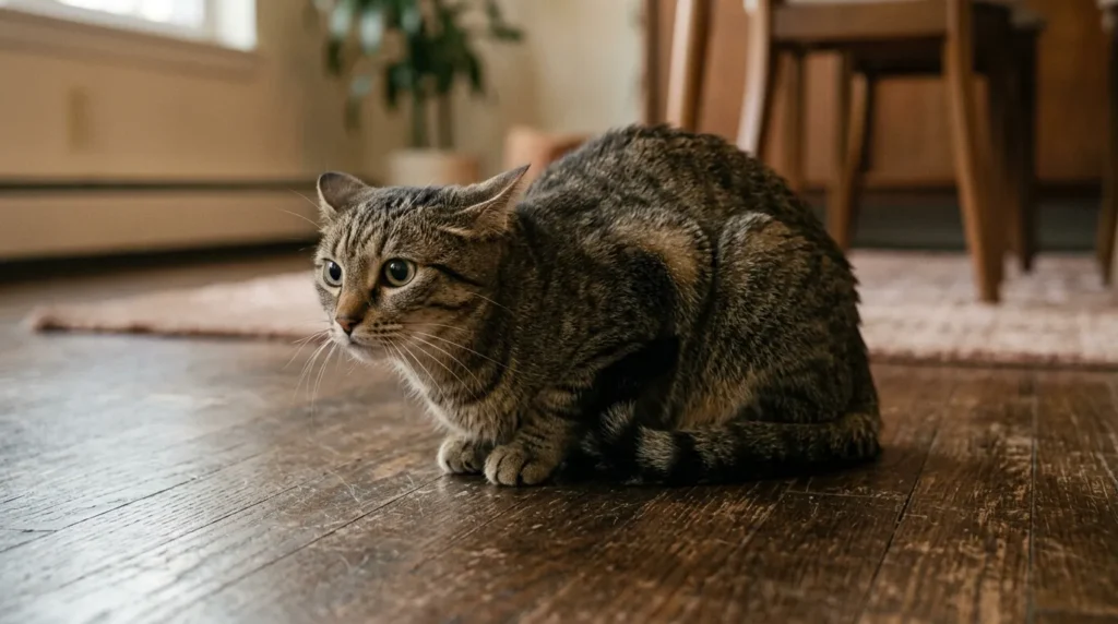 indoor cat stress body language — cat with flattened ears and tucked posture crouching on apartment floor