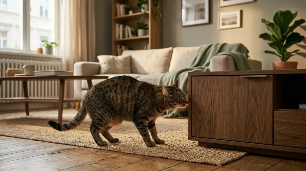 indoor cat stress household change — cat investigating a new piece of furniture cautiously in an apartment living room