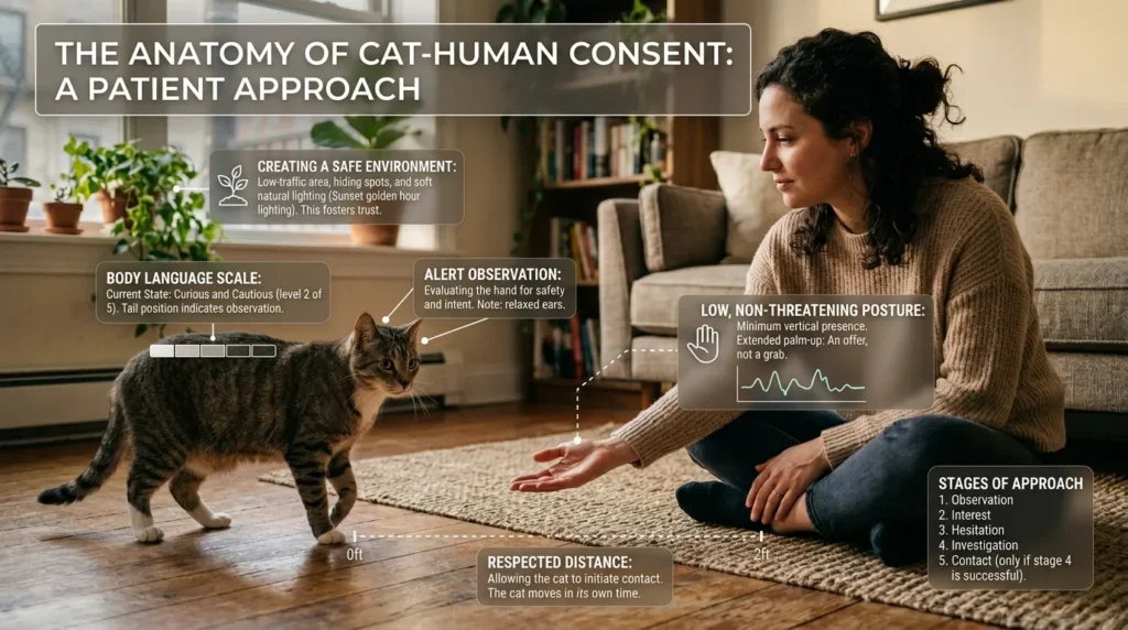 indoor cat handling stress — owner gently waiting with hand extended for a hesitant cat to approach on its own