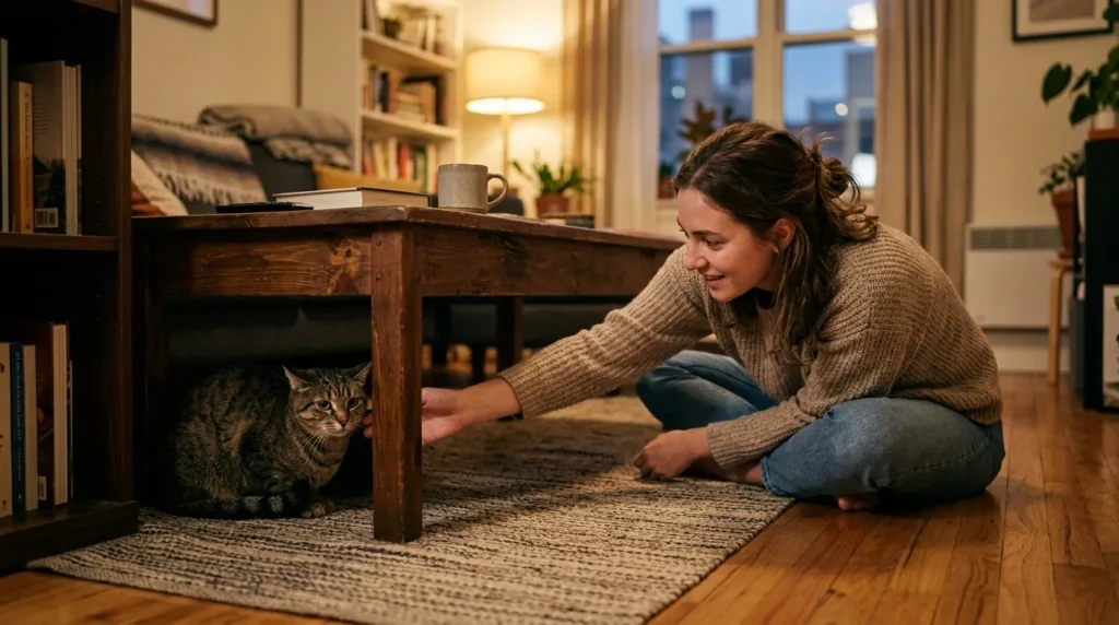 indoor cat stress mistakes — owner following a hiding cat trying to comfort it under a table in apartment