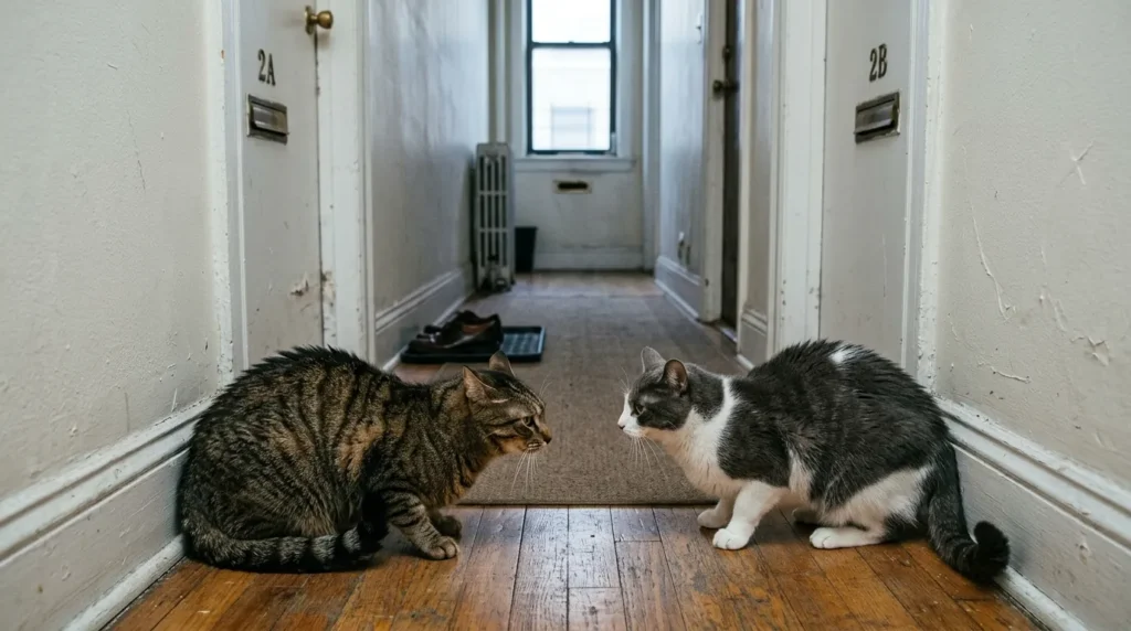indoor cat multi-cat stress — two cats staring each other down in a narrow apartment hallway with no escape route