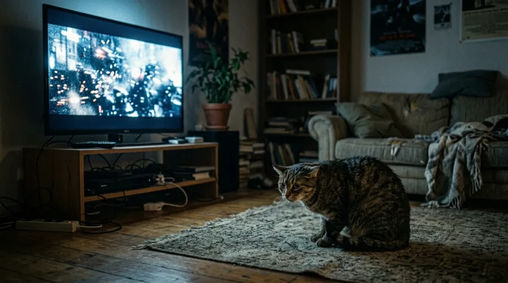 indoor cat noise stress — cat flinching with flattened ears near a television playing at high volume in apartment
