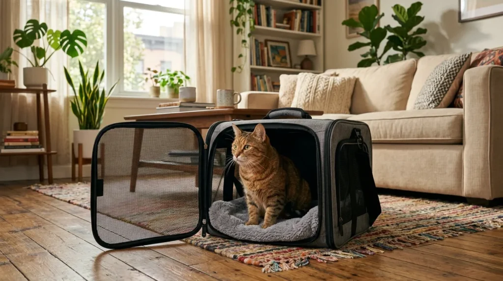 indoor cat vet stress preparation — cat voluntarily sitting inside an open carrier in an apartment living room