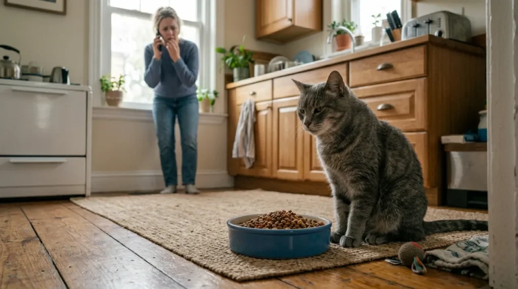 indoor cat stress vet visit signs — owner looking concerned at a cat that has stopped eating beside a full food bowl