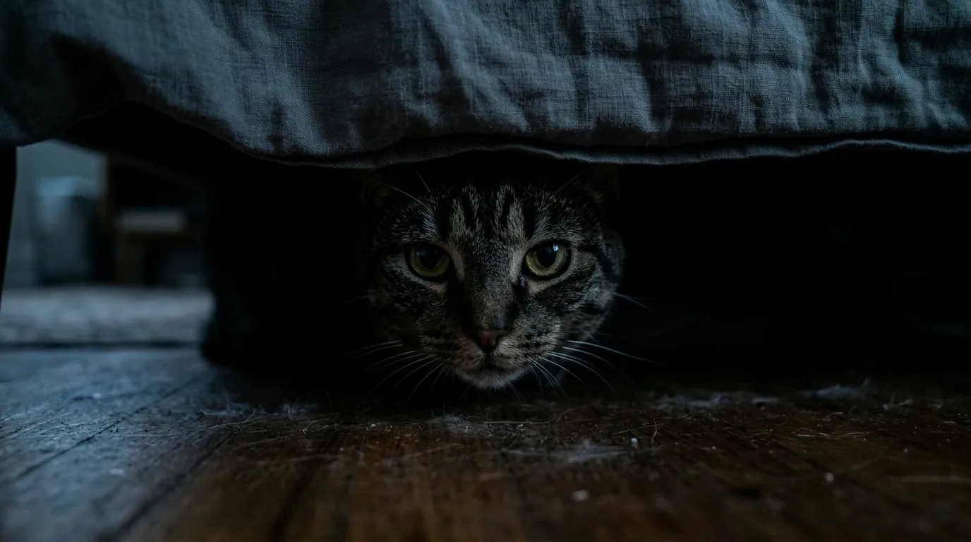 how to reduce stress in indoor cats — stressed cat hiding under a bed in a quiet apartment room