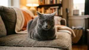 indoor cat stress posture — gray cat in a tight loaf position on a couch with ears slightly back