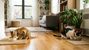 multi-cat stress resolution — two cats eating from separate bowls placed far apart in a spacious apartment 