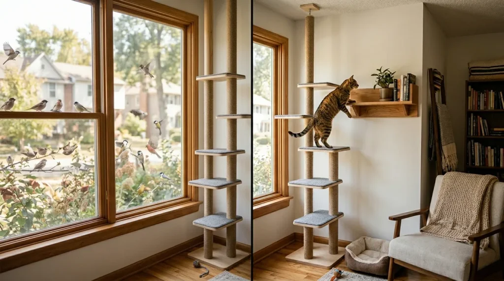 cat space small apartment cat tree — narrow cat tree positioned at the window as the access route to wall shelves showing correct placement in a compact space