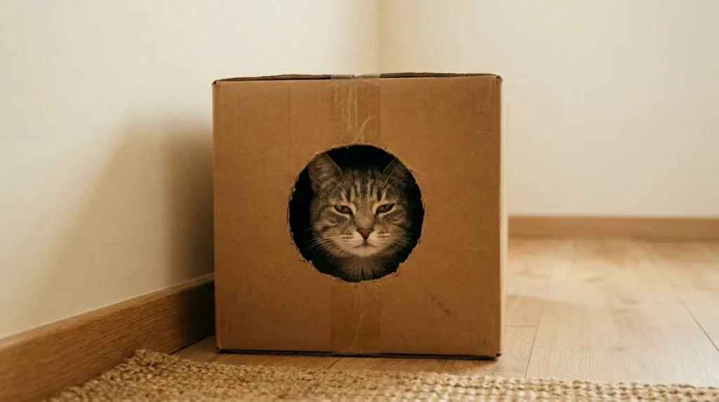 cat space small apartment hiding spot — cat settled inside a cardboard box with a circular hole cut in the side tucked in a quiet corner showing effective low-cost security zone