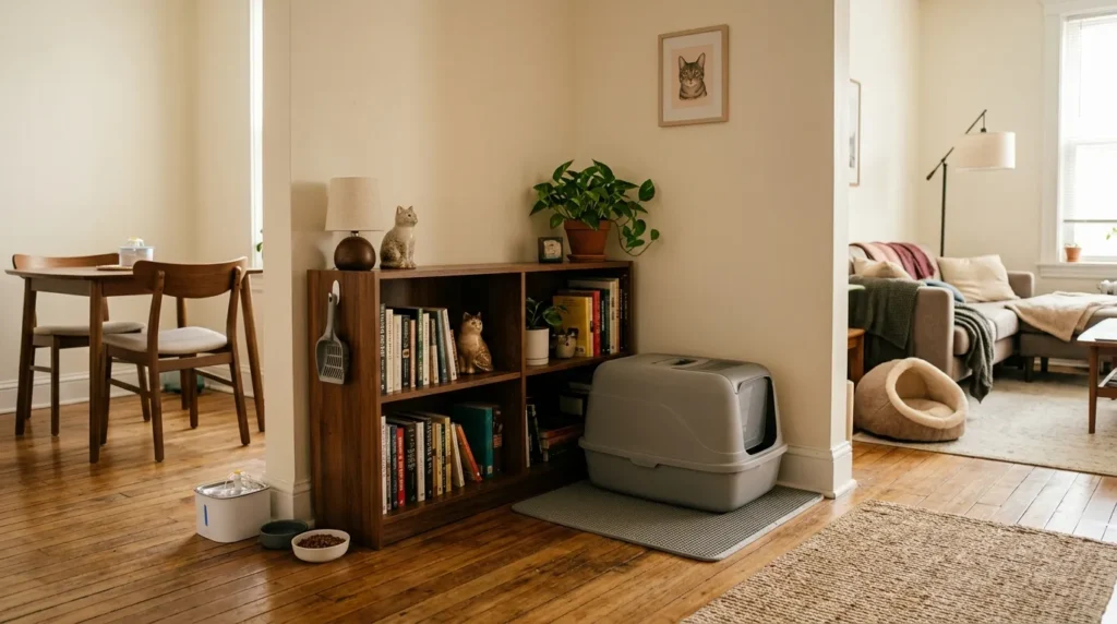 cat space small apartment litter station — litter box positioned behind a low room divider in a compact apartment corner showing strategic permanent placement