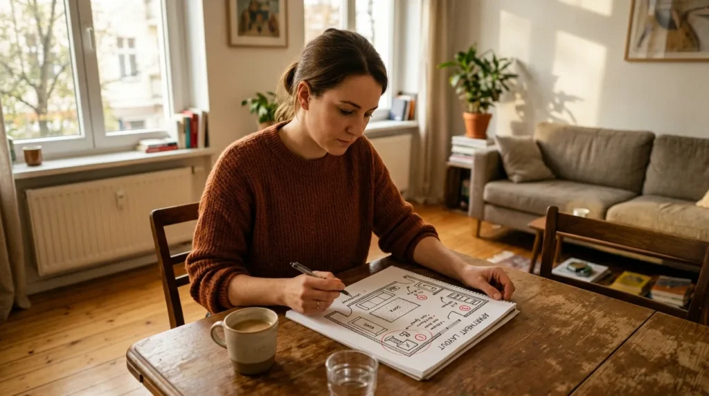 how to set up cat space small apartment mapping — person sketching apartment layout with cat zones marked showing the planning step before any purchases