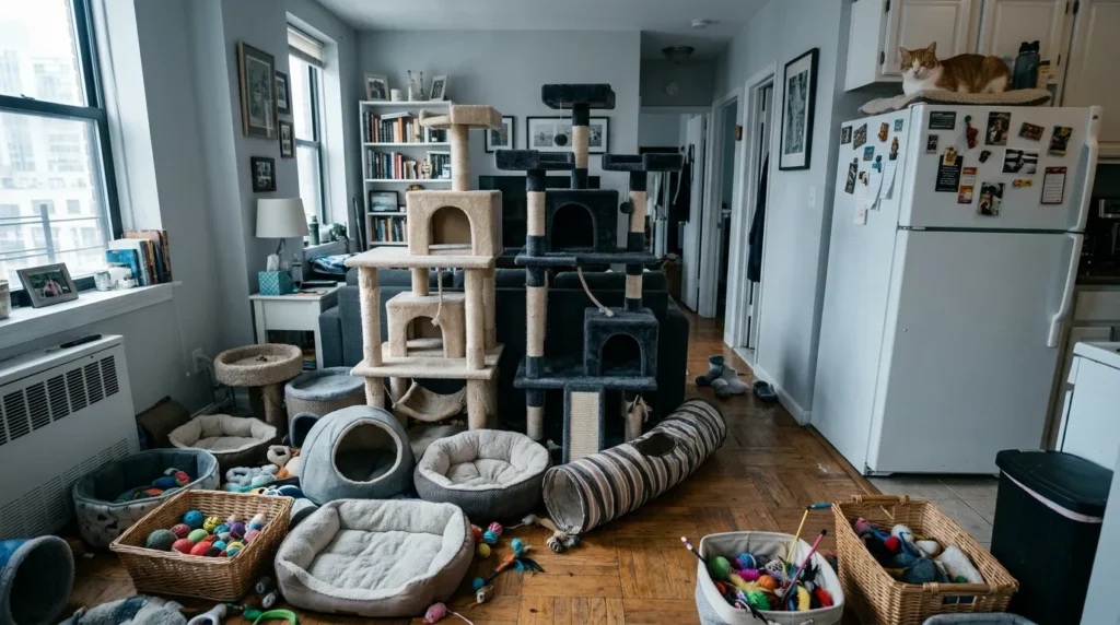 cat space small apartment mistake — cluttered small apartment with too much cat furniture on the floor blocking human movement showing the wrong approach to small space setup 
