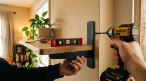 wall shelf cat space apartment — close-up of a wall-mounted cat shelf bracket properly anchored into a stud showing stable renter-friendly installation
