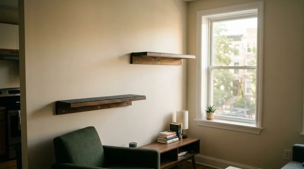 cat space small apartment vertical territory — two wall-mounted shelves at different heights creating a climbing pathway toward a window in a compact apartment