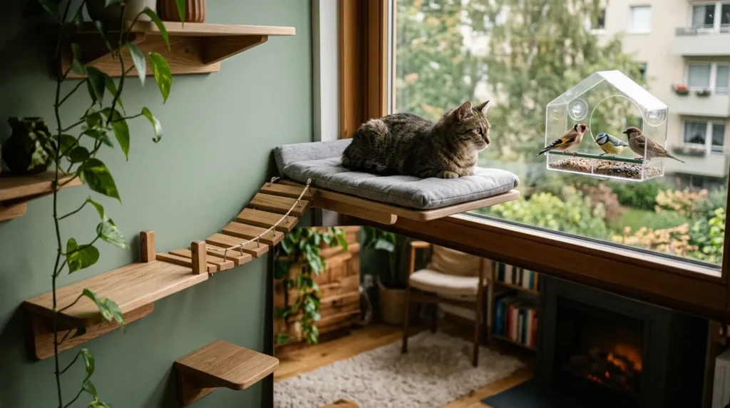 cat space small apartment window station — padded window perch with active bird feeder outside showing the reward zone at the top of the vertical climbing route 