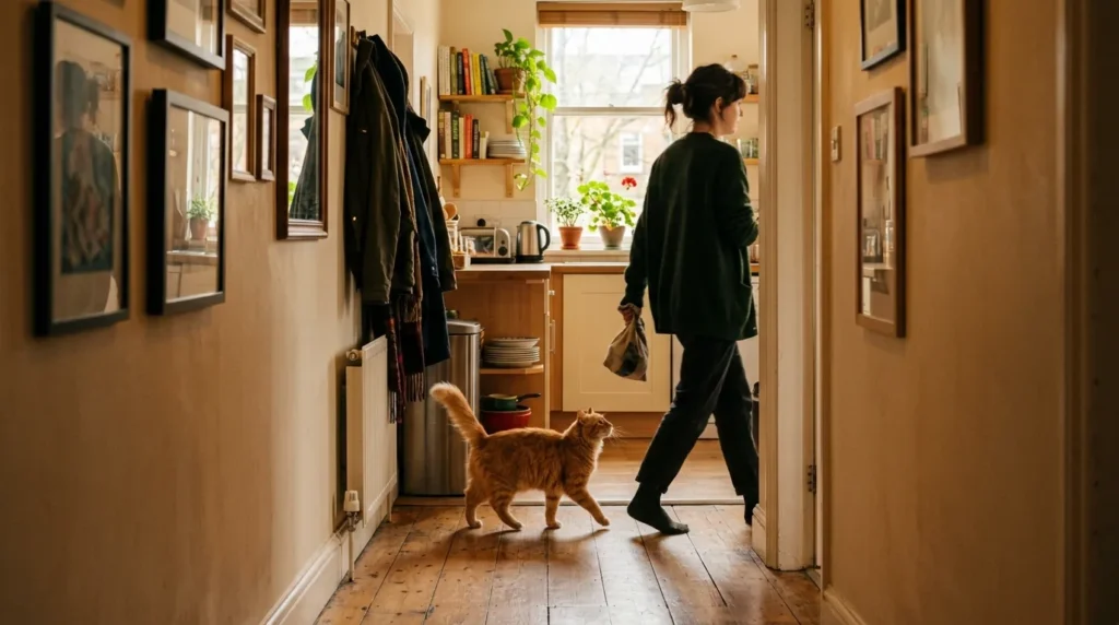 cat begging for food causes — persistent orange cat following owner through apartment hallway toward kitchen