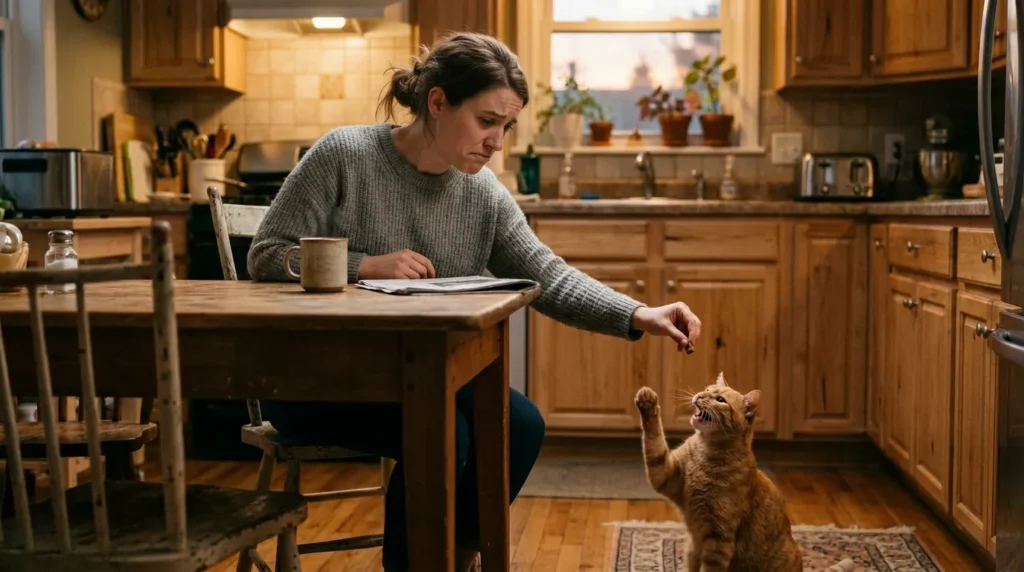 cat begging for food mistake — guilty owner handing treat to meowing cat on apartment kitchen floor reinforcing begging behavior
