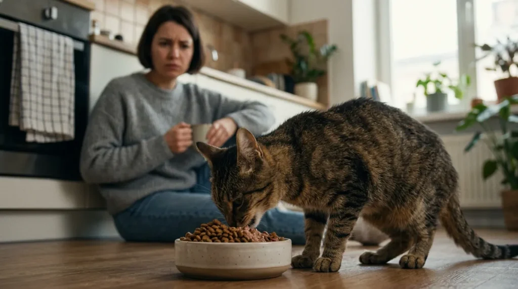 cat begging food medical warning — thin cat eating ravenously from bowl while worried owner watches in apartment